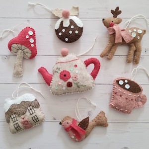 Christmas handmade felt tree decorations ornaments - teapot - deer - Christmas pudding - snowy cottage - toadstool - mug - robin