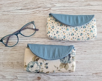 Handmade padded glasses specs sunglasses case with magnetic snap - floral and dusty blue