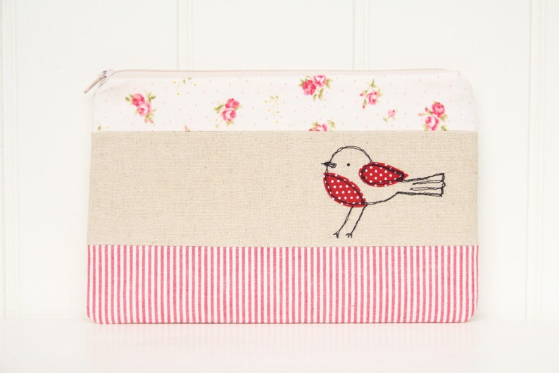 red and ecru pencil case zakka style Sweet robin bird pouch