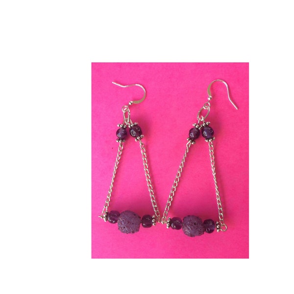Purple glass bead silver chandelier earrings. Full length 3 inches.