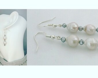 Teardrop Shape Natural Baroque Cultured Freshwater Pearl sterling silver earrings.