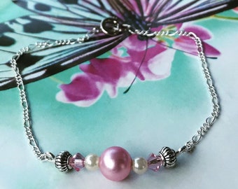 Pink pearl bracelet with rose Swarovski Crystal beads. Unique jewelry, handmade jewelry, bridesmaid gift, Valentine’s Day gift.