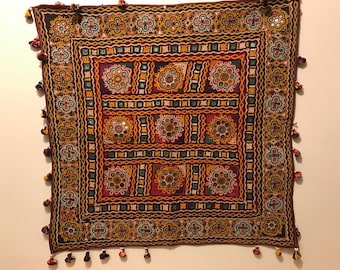 Vintage India Rabari Toran Handmade Mirrored Textile Pillow Cover Throw Wall Hanging 29" X 27"