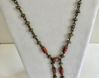 Vintage Ethnic Brass  Necklace with African Trade Beads