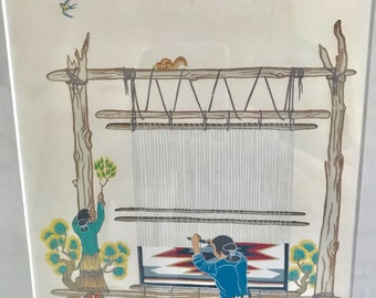 Framed Vintage Thun Povi Silk Screen 1953 Navajo Weavers