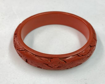 Vintage Carved Asian Cinnibar Bangle Bracelet