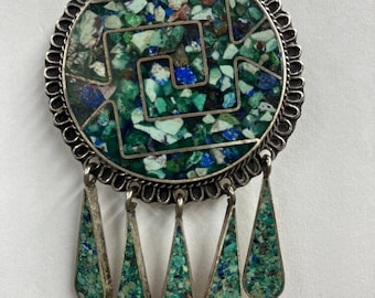Vintage Mexican Silver Brooch or Pendant with Natural Stone