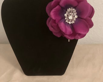 4 inch Purple Poly Silk Flower Brooch Stick Pin with Rhinestone Centerpiece