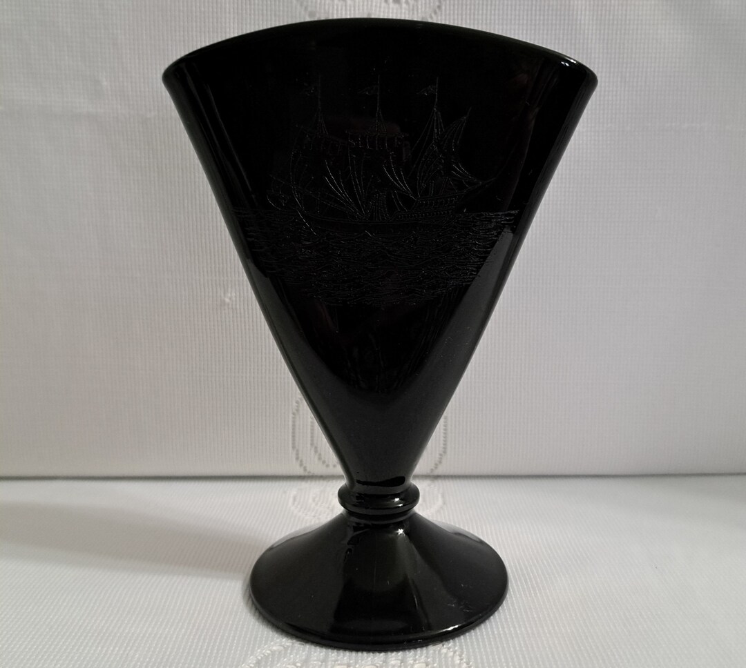 Vintage Black Glass Fan Vase With Galleon Sail Ship Etched on Etsy