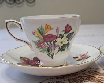 Set of Two Delphine Bone China Teacups & Saucers Made in England in the 1930's