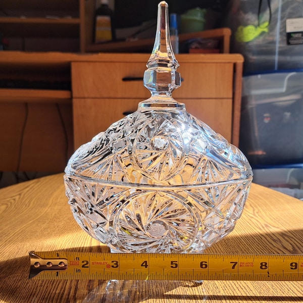 Vintage Lead Crystal Footed Candy Dish with Lid Made in Poland Pinwheel Pattern 10" Tall Lovely Crystal