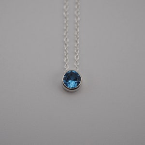 Birthstone Necklace: Round Blue Zircon, Bezel, Silver, Cable Chain