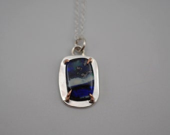 Boulder Opal with 14K Rose Gold Prongs Pedant Necklace on a Cable Chain