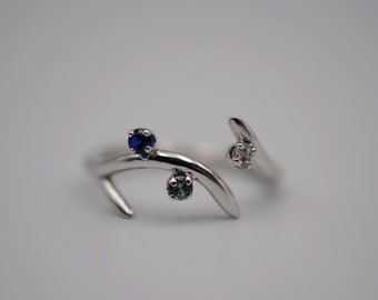 Sprout Rhodium Roots Ring with Blue Sapphire, Aquamarine, and Cubic Zirconia Gemstones