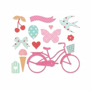 May include: A set of pink and blue scrapbook embellishments featuring a bicycle, a butterfly, a heart, a bow, a cherry, a balloon, a bird, a flower, a tag, and an ice cream cone.