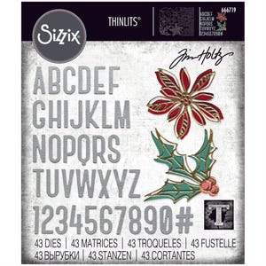 May include: A set of 43 silver metal dies for crafting. The dies include letters, numbers, and holiday-themed images, such as a poinsettia and holly. The dies are designed for use with a die-cutting machine. The package includes the text "Sizzix Thinlits" and "Jim Holtz".