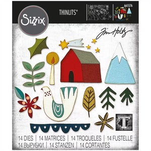 May include: A Sizzix Thinlits die set featuring various papercraft shapes. Includes a red barn, a mountain with a blue base and white top, a white dove, and other nature-themed elements. The set includes 14 dies.