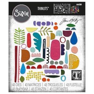 May include: A package of 43 die cuts featuring a variety of colorful shapes, including circles, leaves, and abstract designs. The package is labeled "Sizzix Thinlits" and "Jim Holtz".