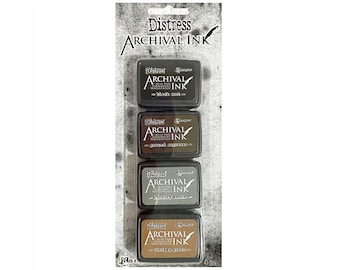 May include: A package of four Distress Archival Ink pads in black soot, ground espresso, hickory smoke, and vintage photo colors. The ink pads are in a clear plastic package with the brand name and ink type printed on the front.