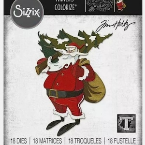 May include: A red and white Santa Claus die cut with a bag of gifts and a green tree. The die cut is part of a set of 18 dies for crafting. The text "THINLITS® COLORIZE®" and "Jim Holtz" are also visible in the image.