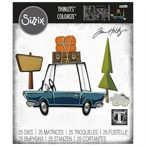 May include: A set of 25 metal dies for crafting. The dies feature a blue car with luggage on the roof, a signpost, a pine tree, a cloud, and the letter "T". The dies are part of the Sizzix Thinlits Colorize collection by Jim Holtz.