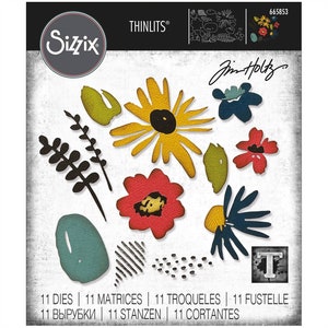 May include: A set of 11 die-cut floral designs in various colors, including yellow, red, blue, and green. The dies are designed by Jim Holtz and are part of the Sizzix Thinlits collection. The package includes the text "11 DIES | 11 MATRICES | 11 TROQUELES | 11 FUSTELLE 11 ВЫРУБКИ | 11 STANZEN | 11 CORTANTES".