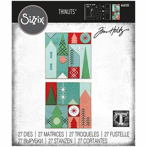 May include: A Sizzix Thinlits die set featuring 27 dies for creating a Christmas-themed design. The dies are designed by Jim Holtz and feature a geometric pattern with red, green, and white colors. The die set is labeled "666335" and includes the text "27 DIES | 27 MATRICES | 27 TROQUELES | 27 FUSTELLE | 27 ВЫРУБКИ | 27 STANZEN | 27 CORTANTES".
