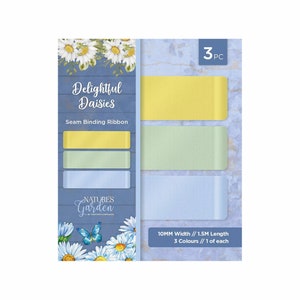 May include: Three rolls of 10mm wide seam binding ribbon, each 1.5 meters long. The ribbon colors are yellow, light green, and light blue. The ribbon is decorated with a daisy and butterfly design. The packaging says "Delightful Daisies Seam Binding Ribbon" and "Natures Garden".