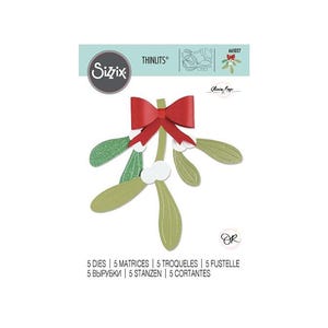 May include: A die-cut set featuring a mistletoe design with a red bow and green leaves. The packaging includes the Sizzix logo and the text "THINLITS". The set includes 5 dies, 5 matrices, 5 troqueles, 5 fustelle, 5 vyrubki, 5 stanzen, and 5 cortantes.