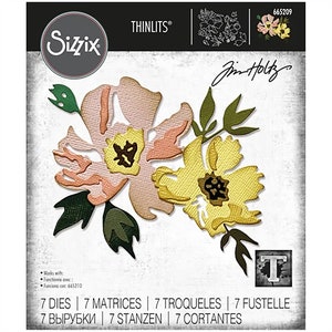 May include: A set of seven die-cut floral designs for crafting. The dies feature two pink and yellow flowers with green leaves. The dies are designed by Jim Holtz and are part of the Sizzix Thinlits collection. The package includes the text "7 DIES | 7 MATRICES | 7 TROQUELES | 7 FUSTELLE | 7 ВЫРУБКИ | 7 STANZEN | 7 CORTANTES".