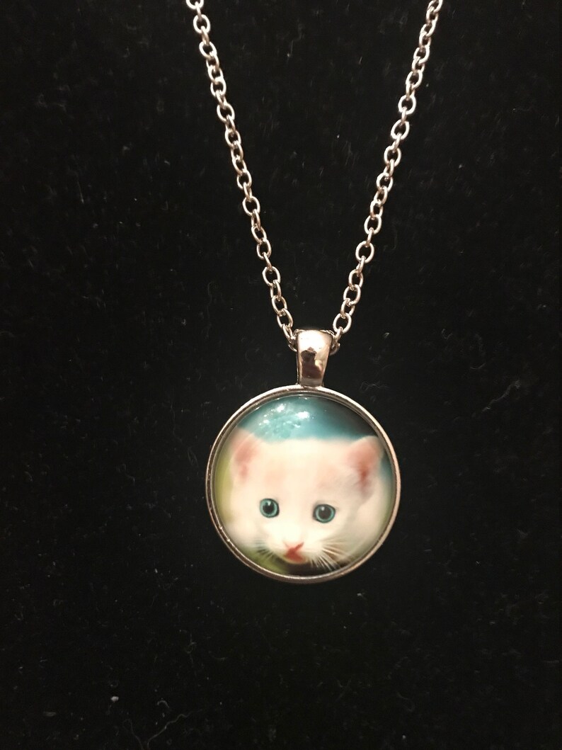 Baby white kitten Cat Pendant with Necklace