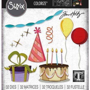 May include: A set of 32 die-cut shapes for crafting, featuring birthday party elements like a cake, balloons, a party hat, a gift box, and confetti. The dies are designed by Jim Holtz and are part of the Sizzix Thinlits Colorize collection.
