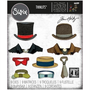 May include: A set of nine metal dies for crafting, featuring various hat and clothing designs. The dies are designed to cut intricate shapes from paper, cardstock, and other materials. The dies are packaged in a clear plastic case with the Sizzix logo and the text "Thinlits®" and "Jim Holtz".