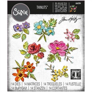 May include: A set of 14 metal dies featuring floral designs in various colors, including pink, red, yellow, blue, and purple. The dies are designed to be used with a die-cutting machine to create intricate paper crafts.
