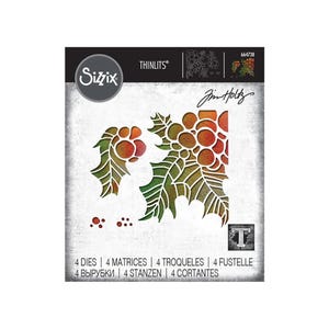 May include: Sizzix Thinlits die set featuring holly leaves and berries. The die-cut shapes are green, orange, and red. The package includes the text "4 DIES | 4 MATRICES | 4 TROQUELES | 4 FUSTELLE".