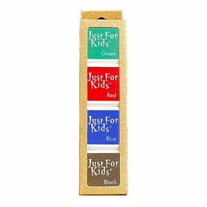 May include: A set of four ink pads in a cardboard box. The ink pads are labeled "Just For Kids" and are in the colors green, red, blue, and black.