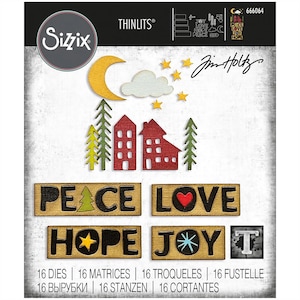 May include: A set of 16 metal dies for crafting, featuring a winter scene with houses, trees, stars, a moon, and words "Peace", "Love", "Hope", "Joy", and "T". The dies are designed by Jim Holtz for Sizzix.