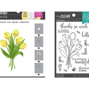 May include: A set of four clear stamps featuring a bouquet of tulips with the text "thanks so much", "a little something", "hello", "miss you", "love you", "for someone beautiful", and "sending love". The stamps are 4 inches by 6 inches.
