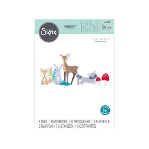 May include: A package of Sizzix Thinlits dies featuring woodland animal designs. The set includes a fox, rabbit, deer, raccoon, and mushrooms. The package also includes the text "LISA JONES" and "Thinlits".