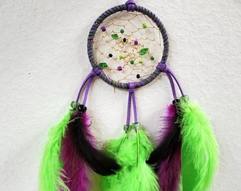Native American Halloween Purple and Green Twisted Leather Dreamcatcher