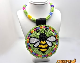 Authentic Native American Handmade Seed Beaded Rope Necklace Bee Medallion