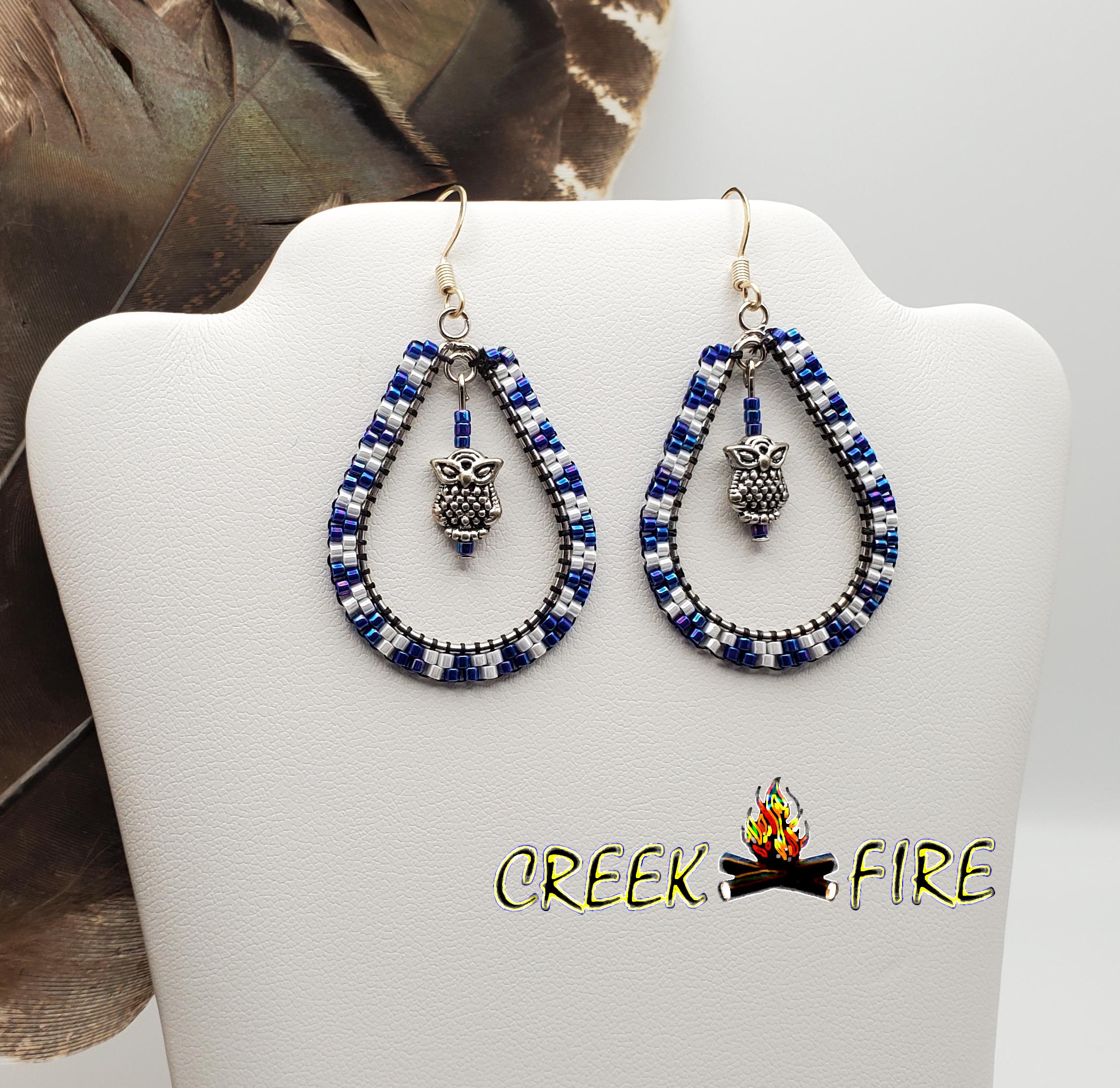Native American Beaded Blue and White with Owl Charm Earrings