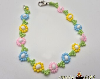 Native American Handmade Seed Bead Springtime Flowers Beaded Bracelet
