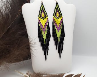 Native American Indigenous Handmade Beaded Black, Green, Pink and Yellow Earrings