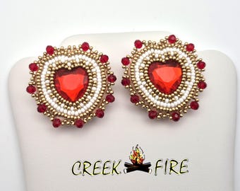 Native American Beaded Red Heart Earrings