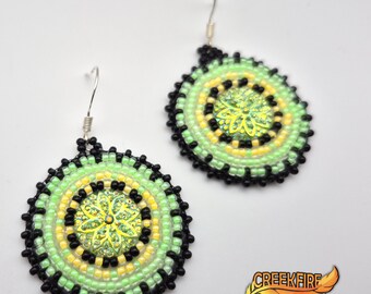 Native American Beaded Green and Black Earrings