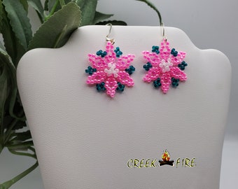 Native American Made Beaded Pink Flower Shape Earrings