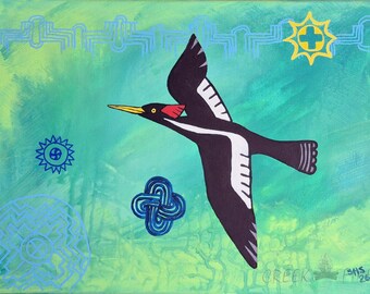 Original Acrylic 9 x 12 Ivory Bill Woodpecker painting - Native American made