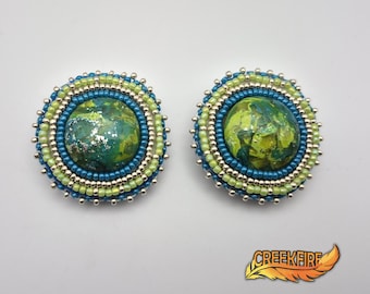 Native American Beaded Green and Blue Earrings