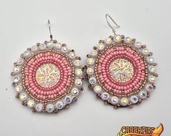 Native American Beaded Pink and Gold Earrings